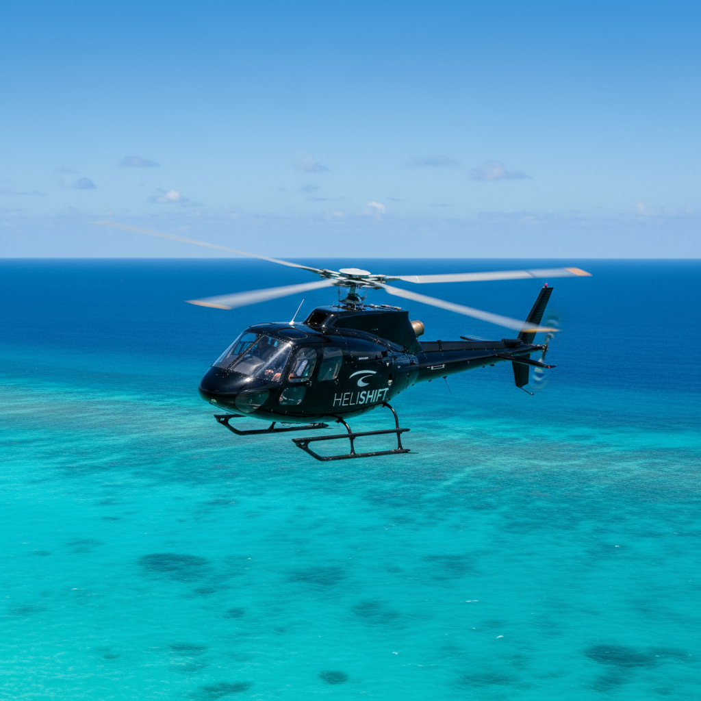 Helishift helicopter in flight over the Caribbean