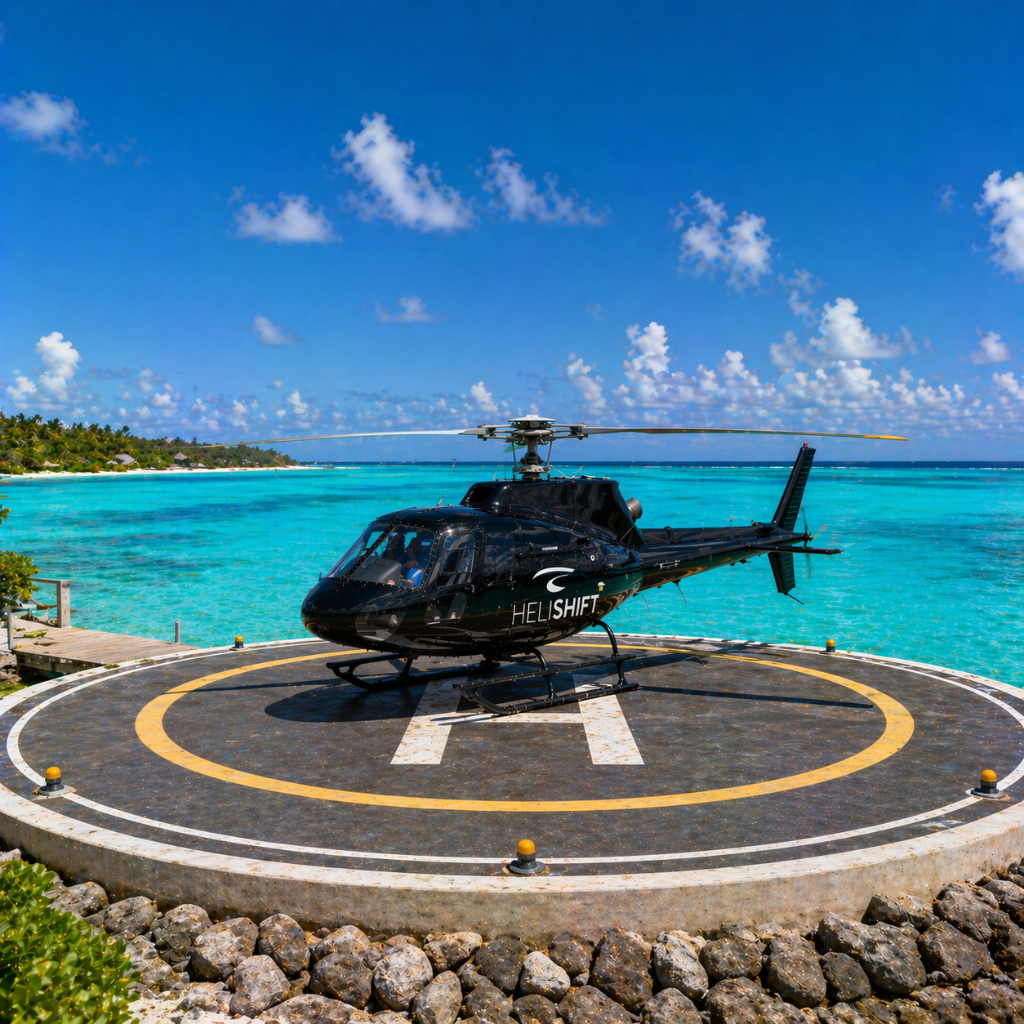 Helishift helicopter on a helipad facing turquoise waters